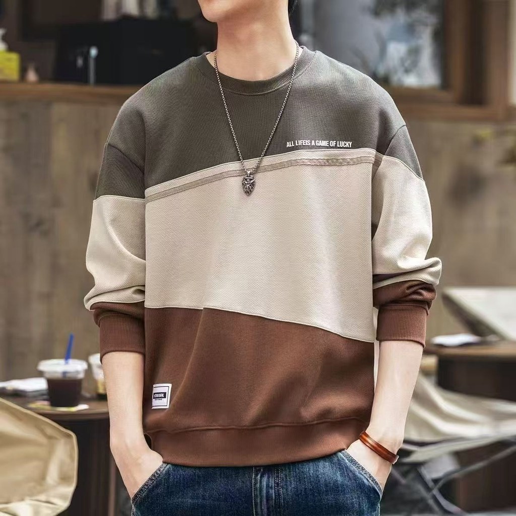 Primavera estilo americano pesado contraste cor costura solto moletom masculino na moda novo estilo de manga comprida to