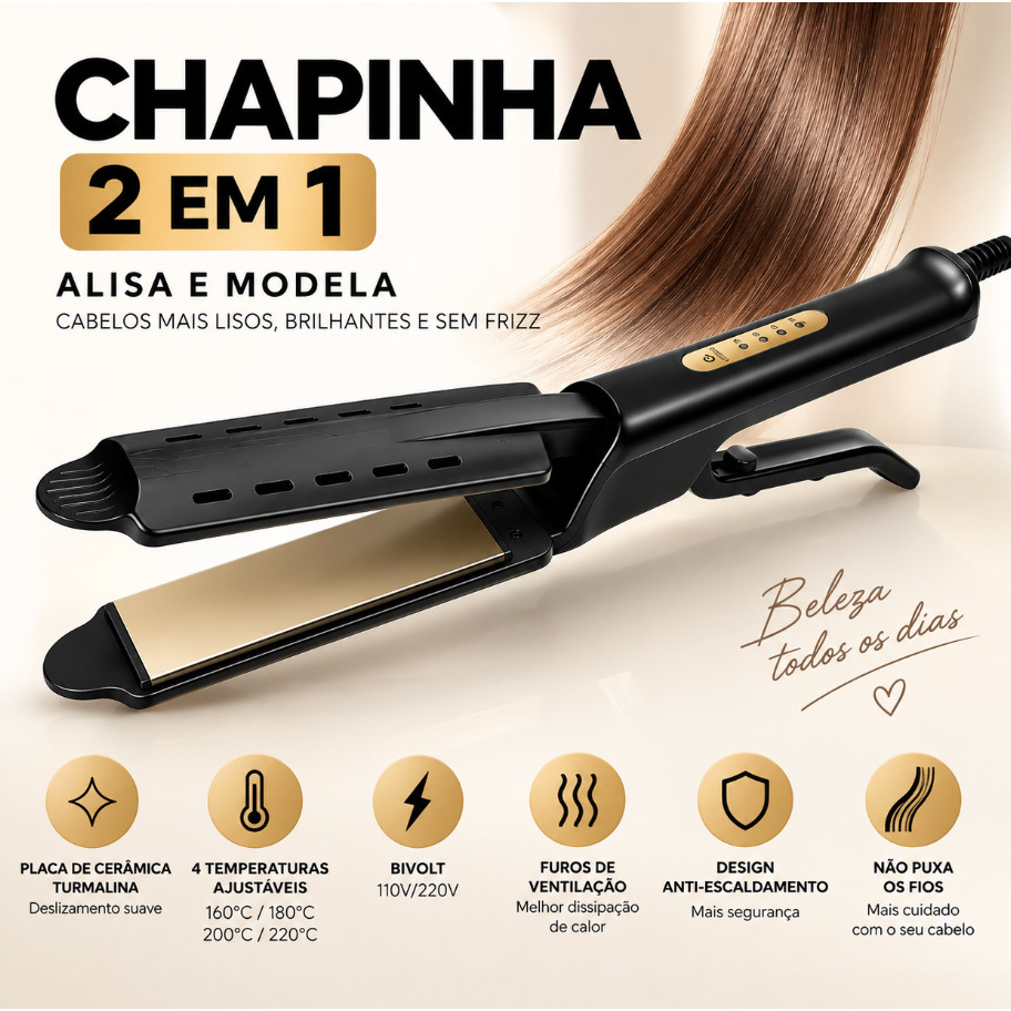 Prancha Alisadora Profissional 2 em 1 Bivolt Placa de Cerâmica Turmalina para Alisar e Modelar