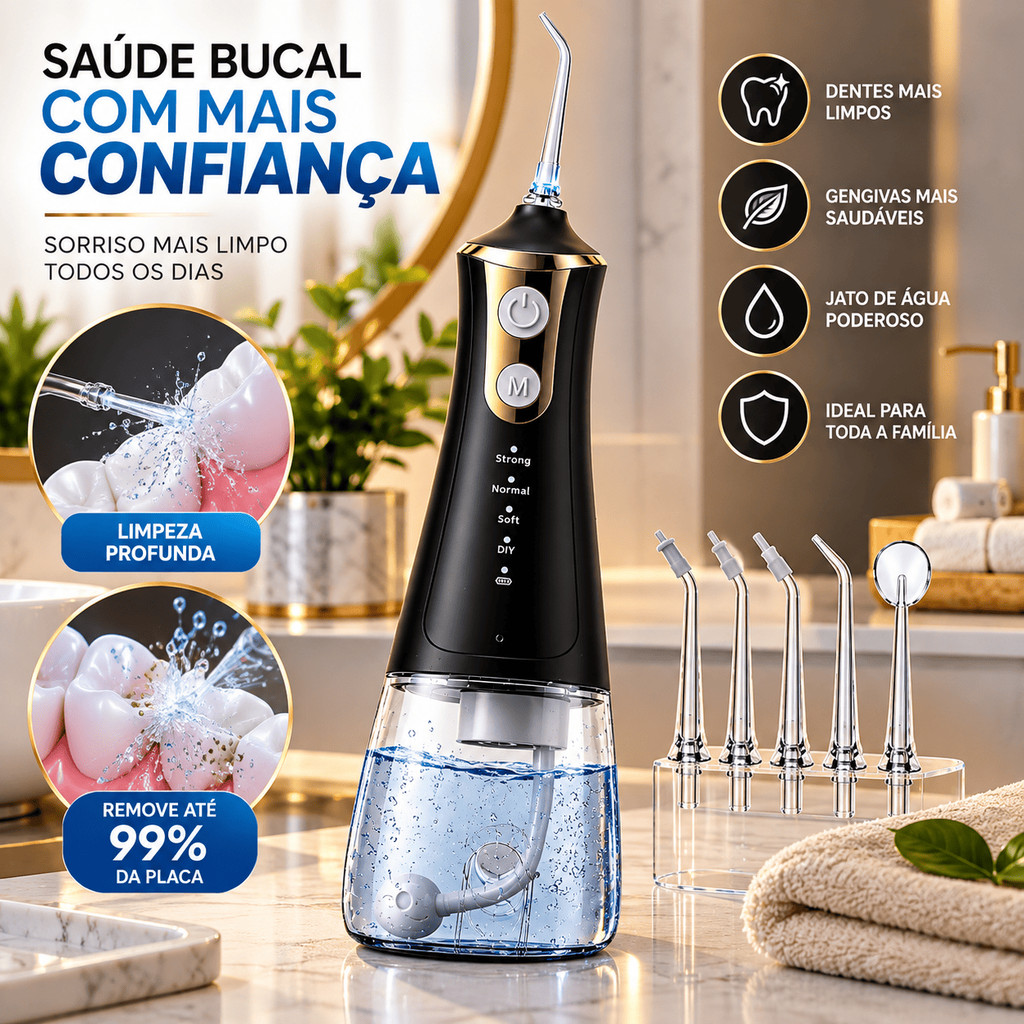 Irrigador Bucal Higienizador Dos Dentes Limpeza Oral Bateria USB 3 Níveis 4 Pontas Jato Limpa Dente Alta Performance Top