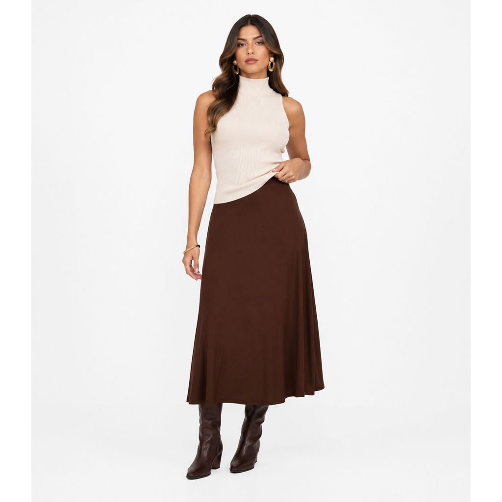 Saia Feminina Midi Evase Dianna Marrom