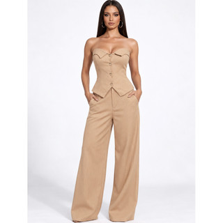 Conjunto Feminino de Corselet Tomara que Caia com Calça Pantalona Listrada
