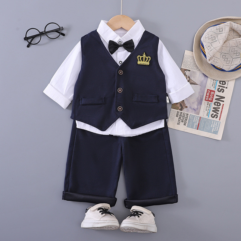 Novo Outono Primavera Conjunto De Roupas De Bebê Crianças Meninos Coroa Bordado Padrão Colete + Camisa Branca Com Gravat