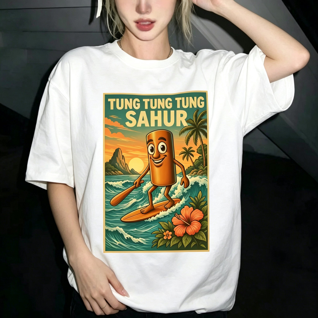 Camiseta Unissex Manga Curta Algodão Estampa Cartaz Retrô Praia Surf Personagem Camiseta Oversized Casual Divertida