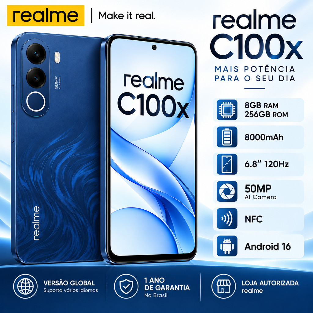 Smartphone Realme C100x 8GB RAM 256GB NFC Versão Global 8000mAh 120Hz 50MP Android 16 Envio Imediato