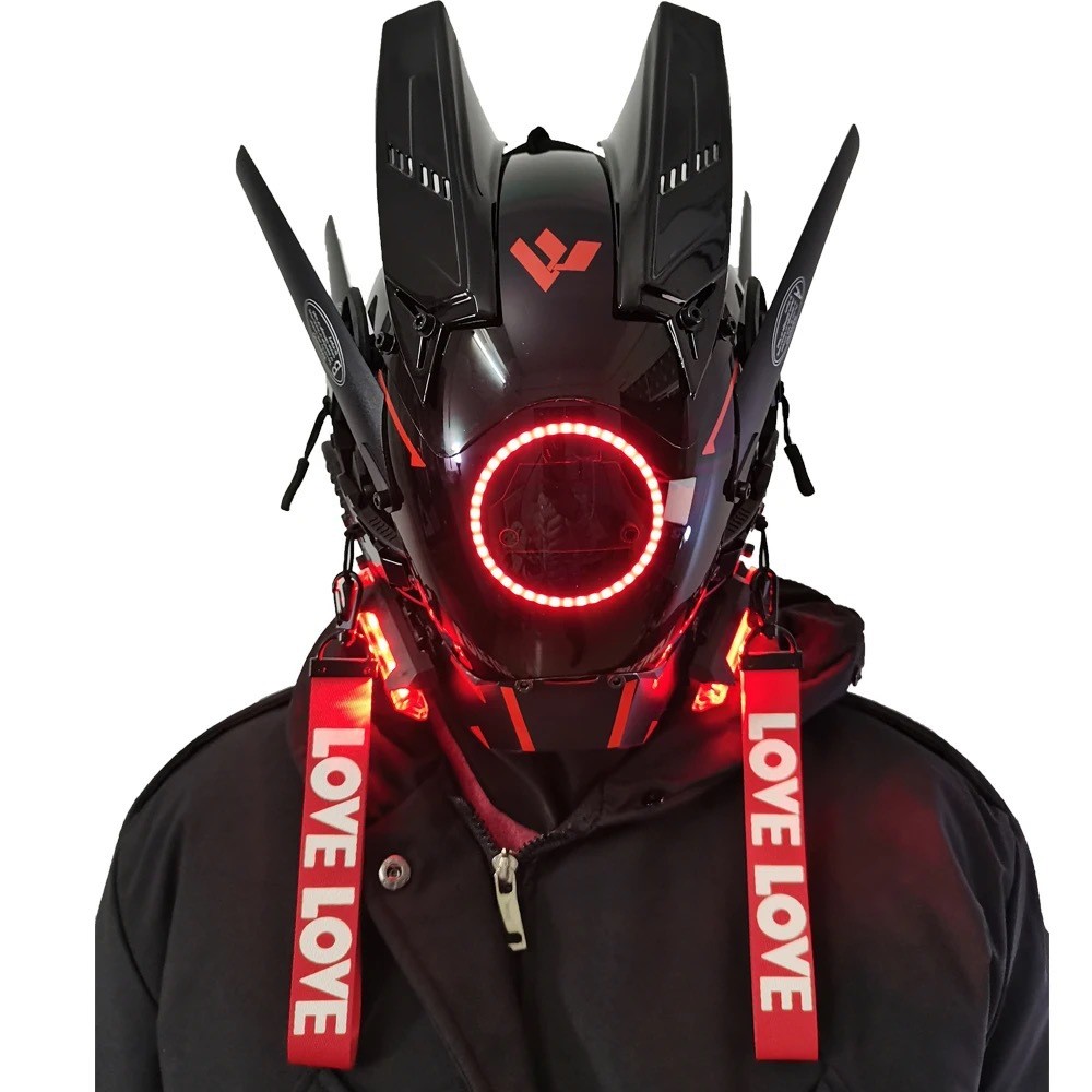 Máscara Cyberpunk com luzes redondas, asas, tranças, luzes triangulares, capacete de menino com LED luminoso e tecnologi