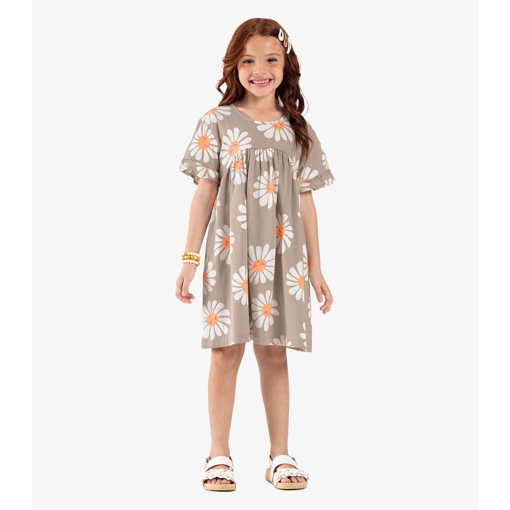 Vestido Infantil Com Estampando Flores Trick Nick Bege