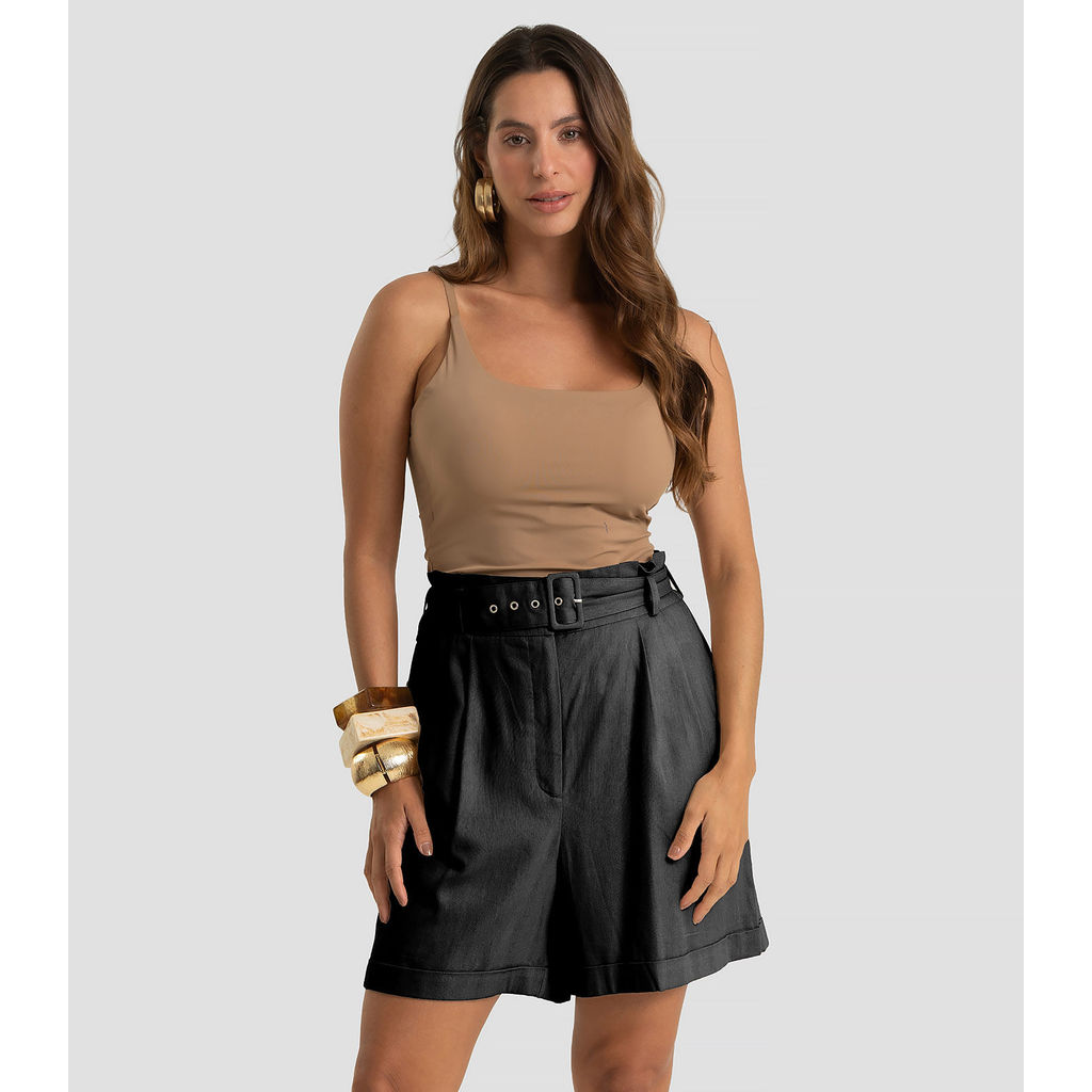 Shorts Feminino Com Cinto Viscolinho Dianna Preto
