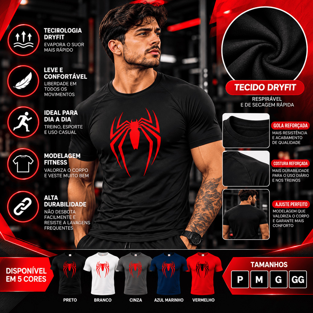 Camiseta Dry Fit  Aranha Manga Curta Academia Treino Camiseta Esportiva Masculino Spider Proteção UV