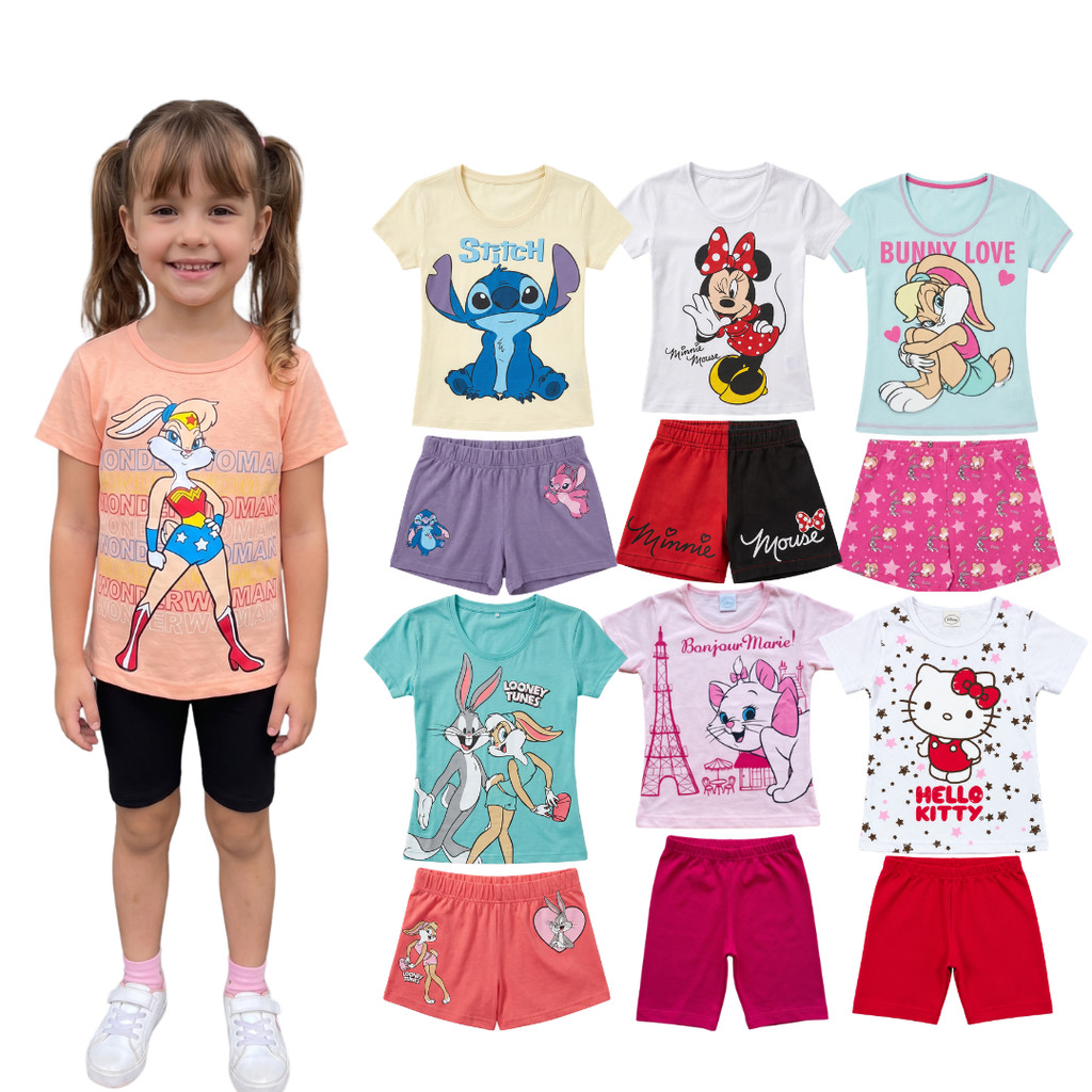 Kit 4 Peças de Roupas Menina Infantil Personagens Verão - Conjunto Feminino Calor 2 Camisetas + 2 Bermudas Barbie Minnie