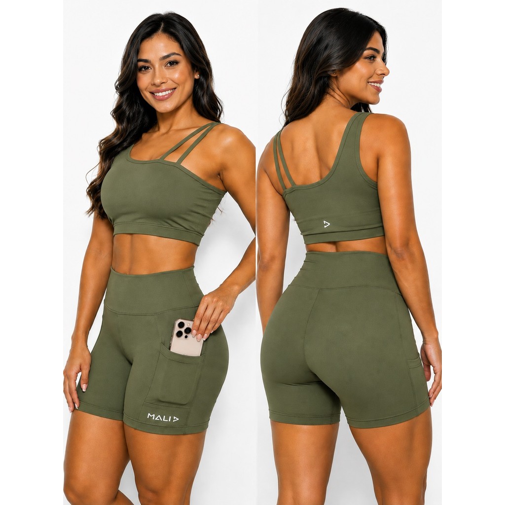 Conjunto Fitness Top + Short Verde Militar Bolso Lateral Cintura Alta Poliamida Zero Transparência Academia Treino Mali