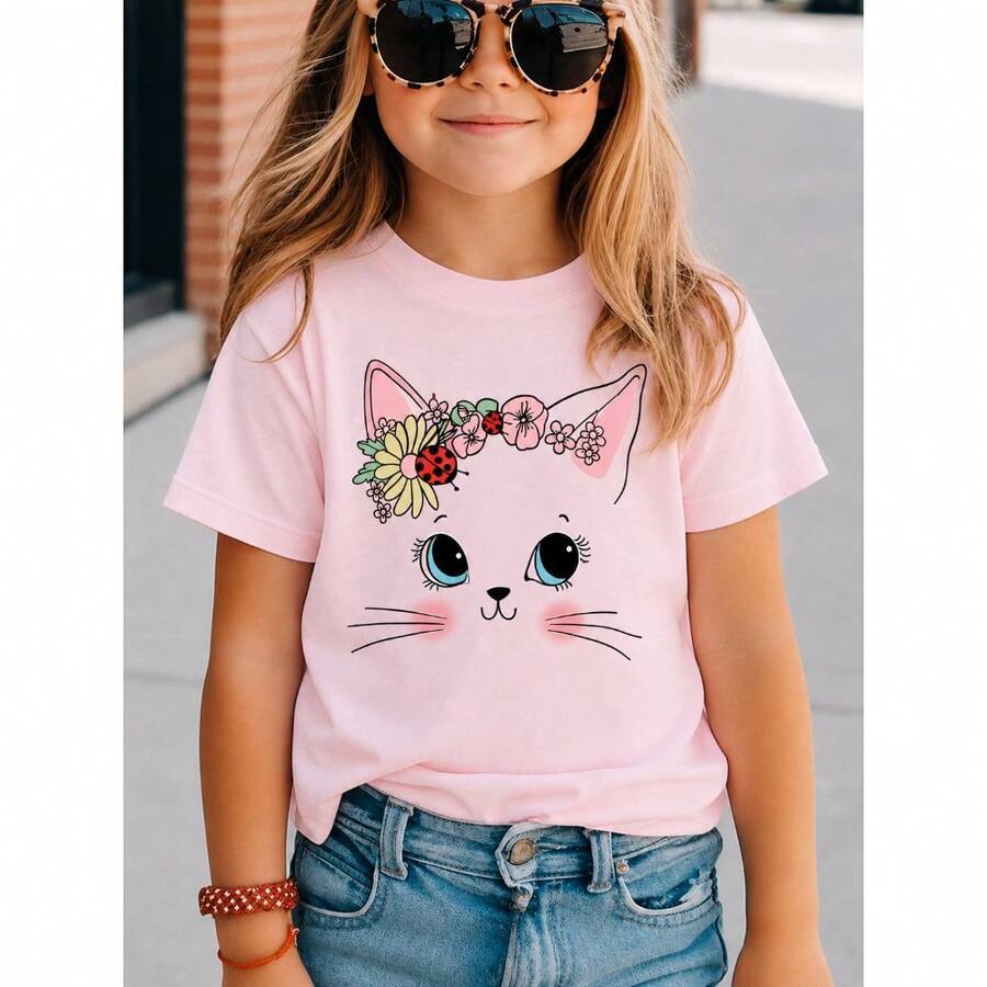 Camiseta infatil feminina, Blusinha Feminina Infantil Estampa Gatinha fofinha corada 100% Algodão premium e confortável