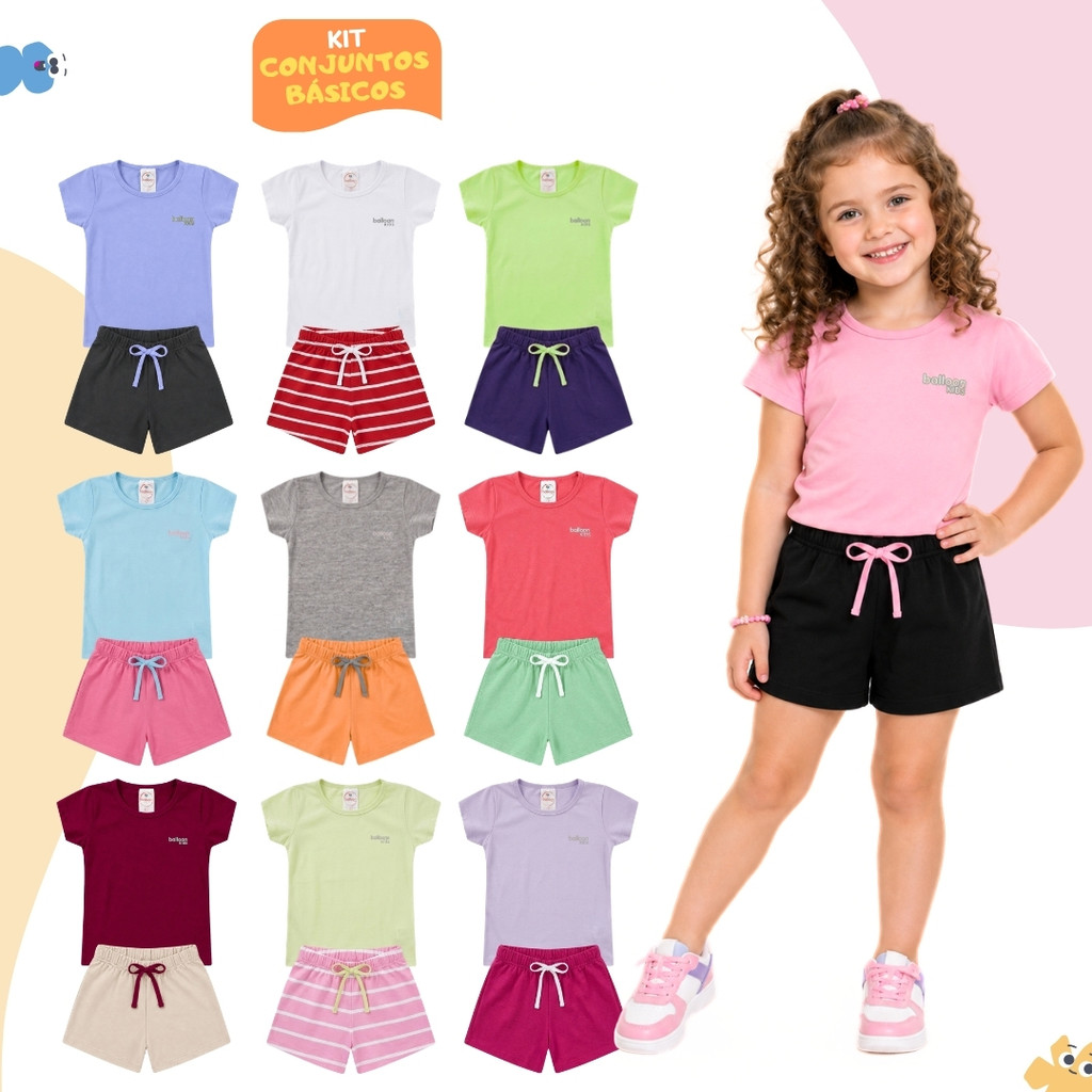 Kit 2 Peças Básicas Roupa Menina Conjunto Feminina Infantil Verão Algodão Sortido – 1 Camiseta + 1 Shorts