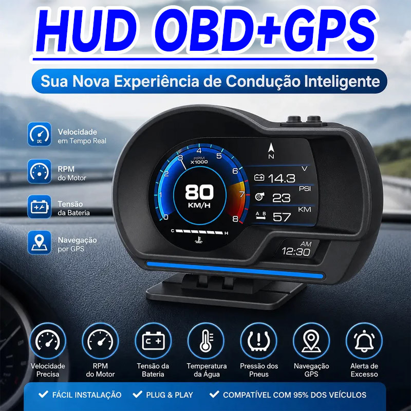 Velocímetro HUD OBD2+GPS Digital, Turbo, Água Óleo, RPM e Monitoramento Inteligente para Carros Pronta Entrega