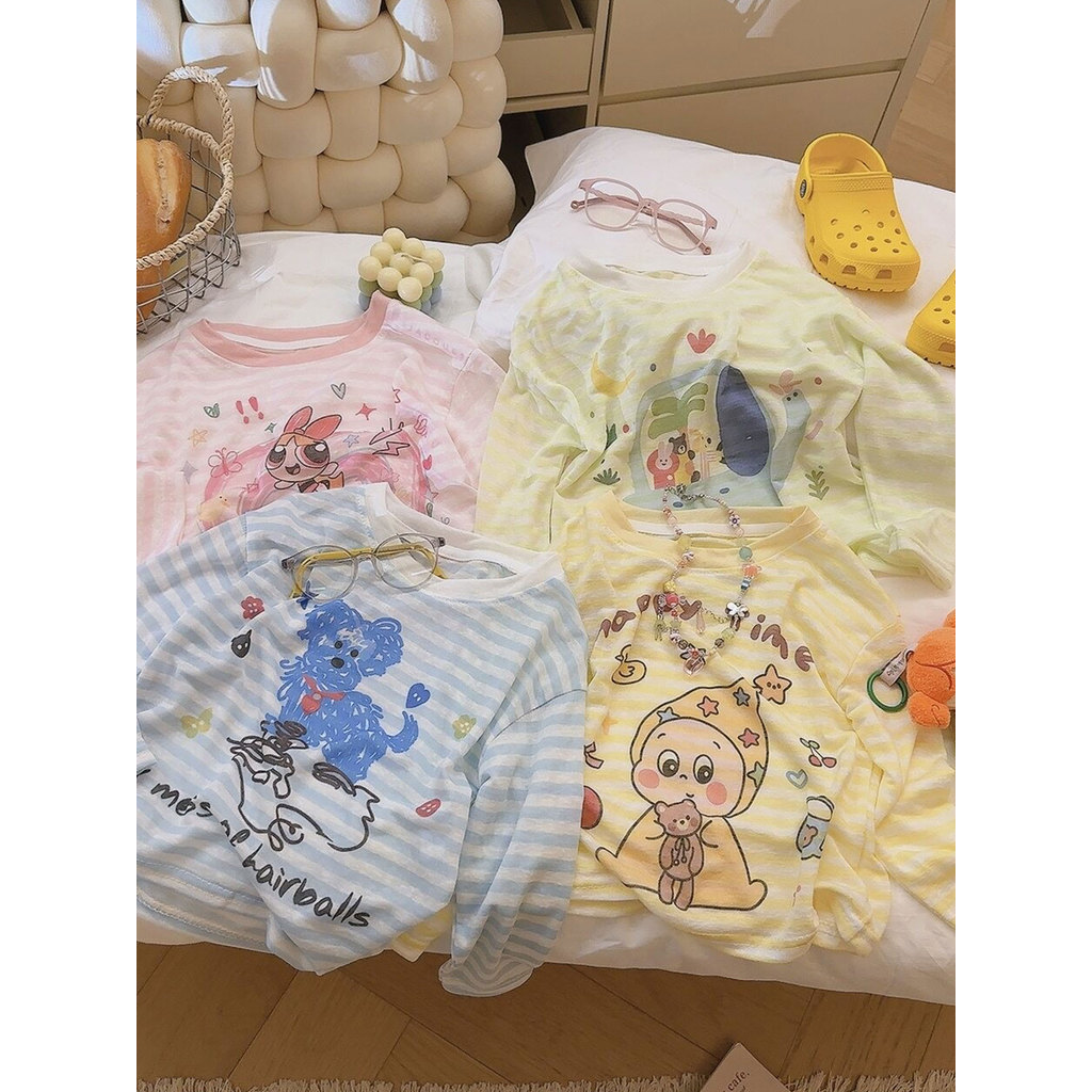 Crianças Lyocell Tencel protetor solar macacão verão listrado protetor solar meninos meninas camiseta dos desenhos anima