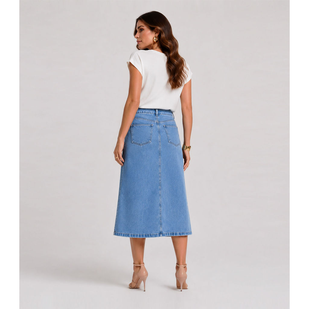 Saia Midi Feminina Jeans Reta Sem Fenda Lumix Azul — imagem 2 de 2
