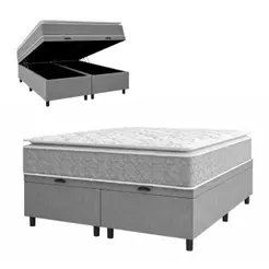 Cama Box Baú Casal Queen Colchão Molas Ensacadas Pillow Top Perfect 158x198x74cm Cinza/Branco Umafle