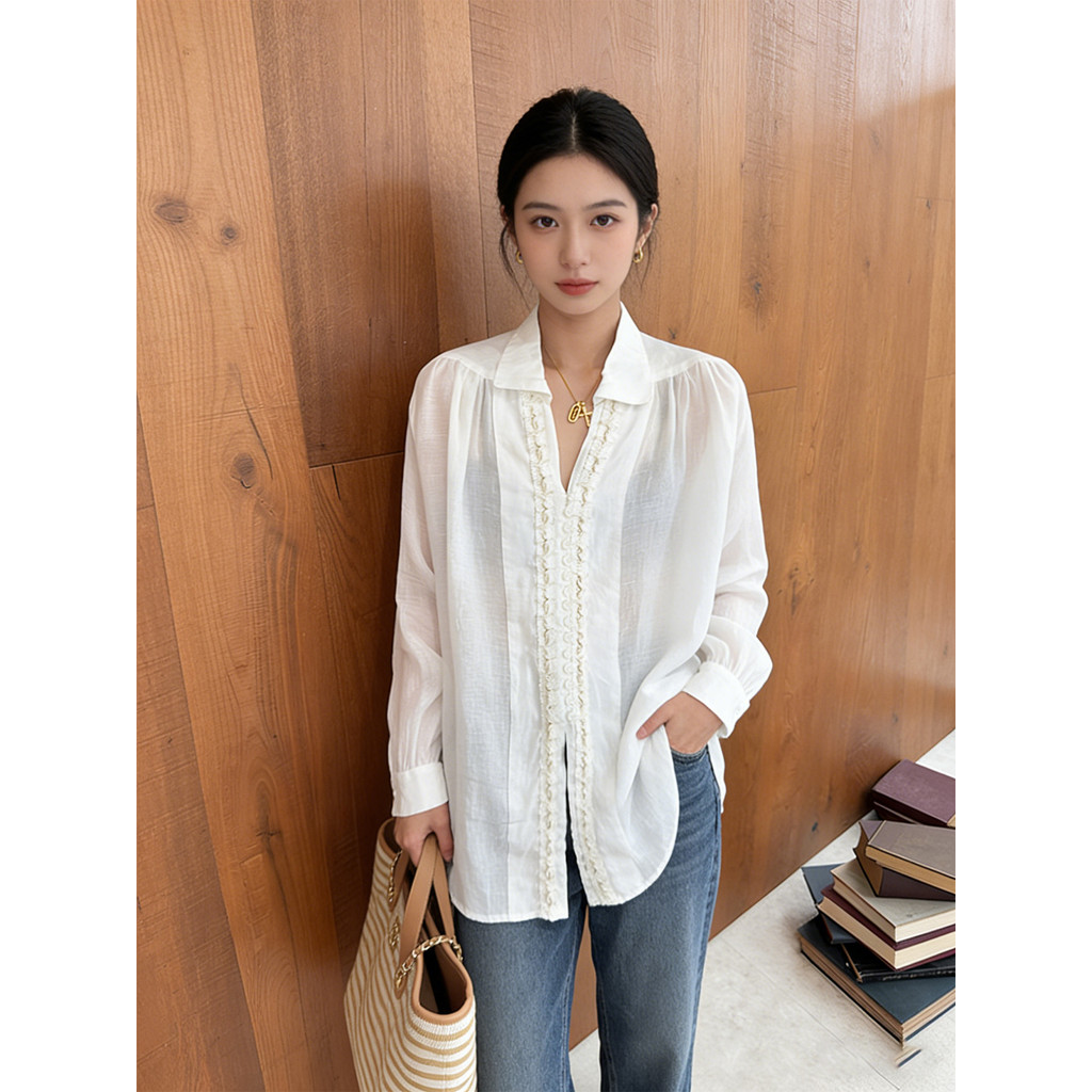 Francês High-End renda com decote em V manga comprida camisa branca feminina primavera solta Commuter estilo ocidental c