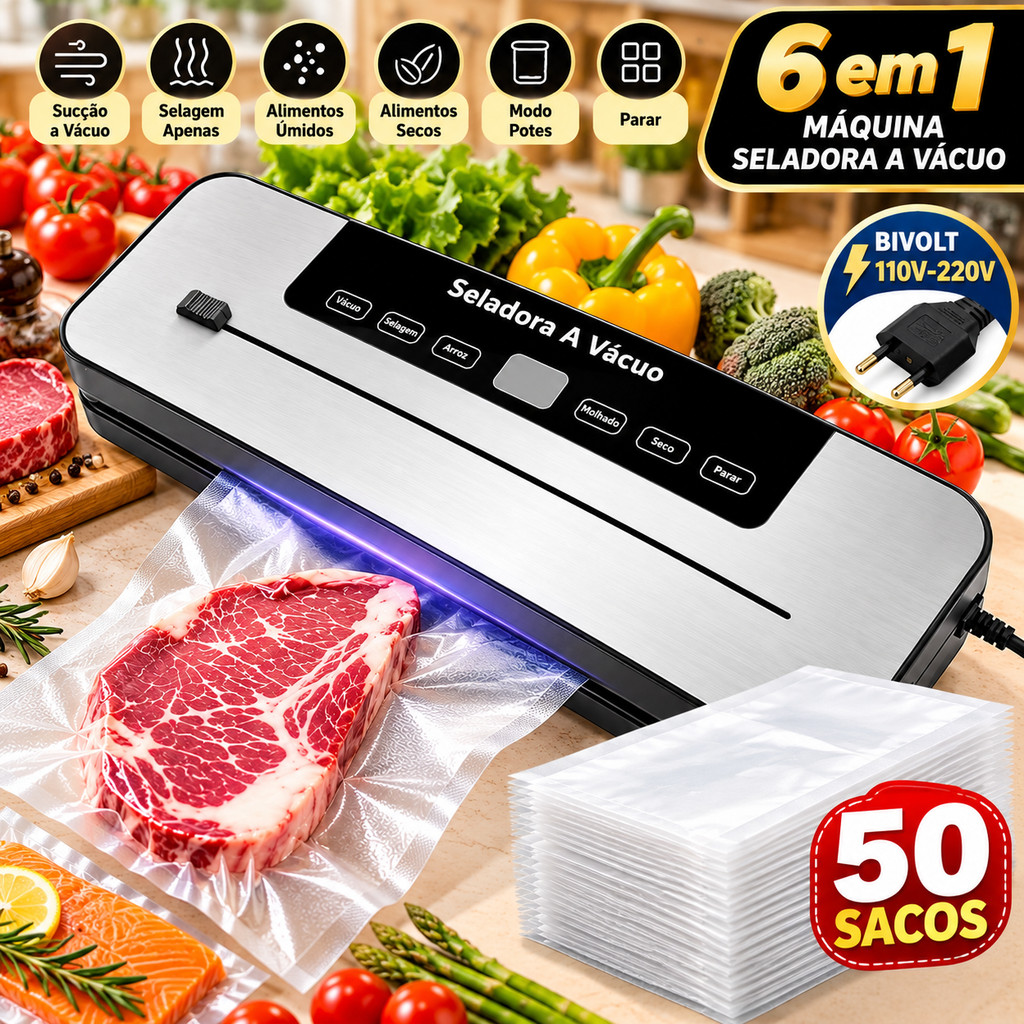 Máquina Seladora a Vácuo 6 em 1 Automática com Cortador Integrado 50 Sacos Selador de Alimentos para Cozinha Bivolt