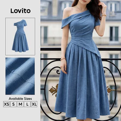 Lovito Vestido Elegante com Ombro À Mostra Efeito Falso 2 em 1 Assimétrico Cáqui Primavera/verão para mulheres DRK9P1D182