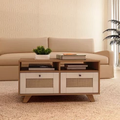 Mesa de Centro 2 Gavetas e Detalhe em Impressão Palha Trama Marrom 100% MDF Cinamomo/Off White