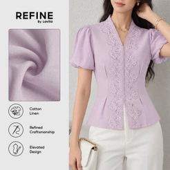 (Refine by Lovito) Blusa Feminina De Linho Algodão Roxo Claro Com Renda Gola V Manga Curta Dupla Camada Workwear BLR43P1D042