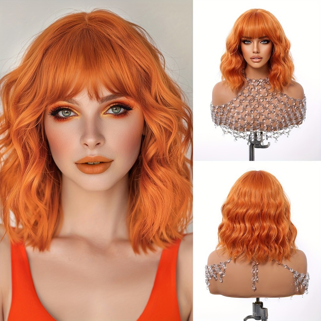 Peruca feminina europeia americana ondulação de água cabelo encaracolado toda franja cor laranja 35cm costura de cabelo 