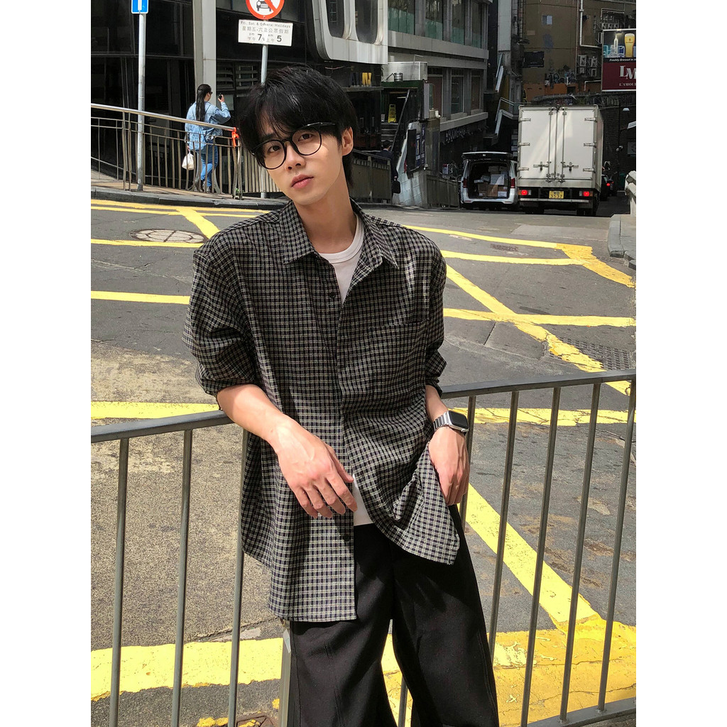 Americano xadrez contraste cor camisa de manga comprida masculina Street Wear primavera verão estilo preguiçoso solto Re