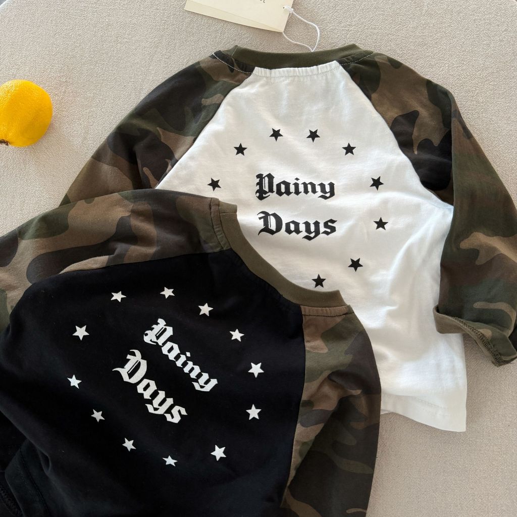 Meninos camiseta de manga comprida primavera outono versão coreana puro algodão simples moda carta impressão camuflagem 