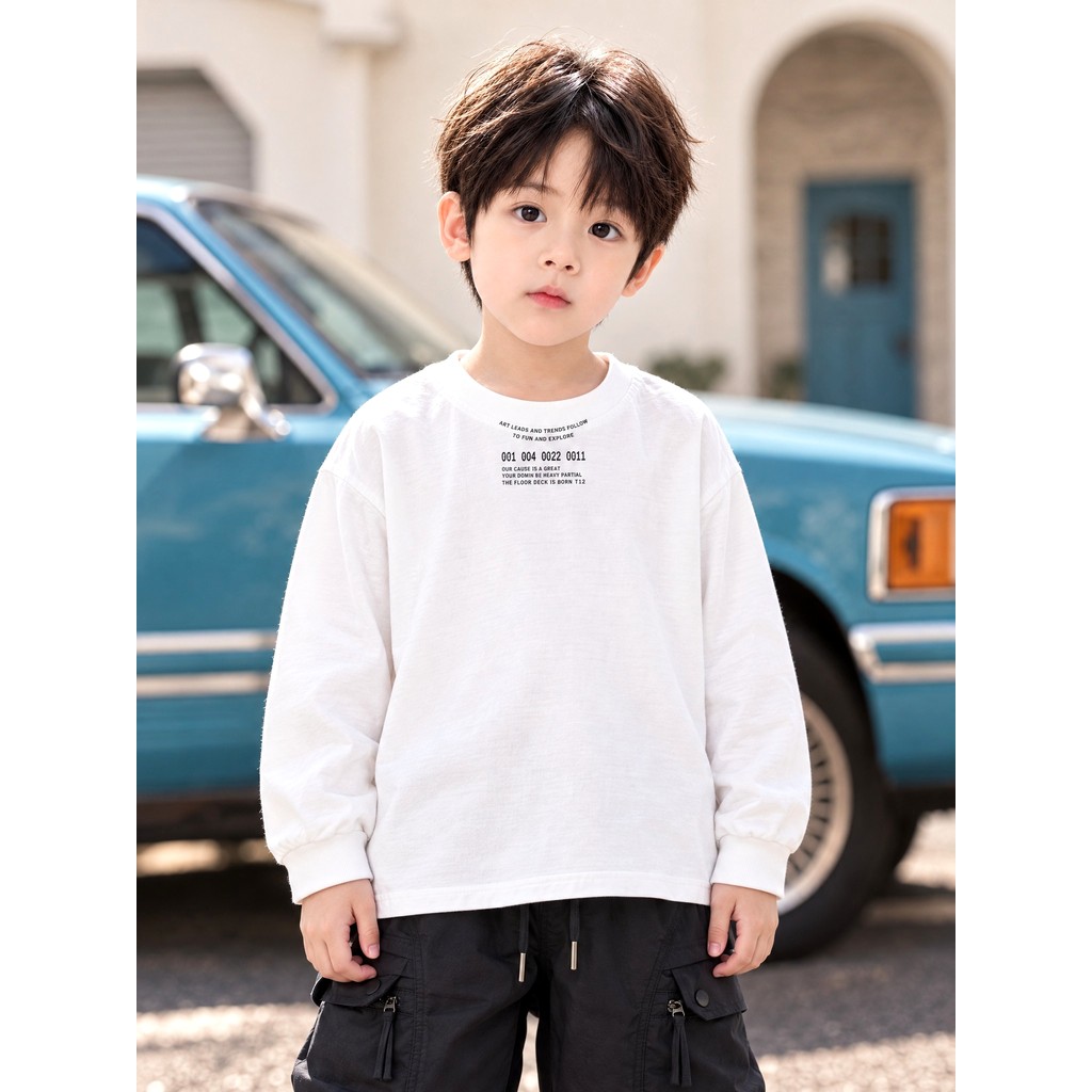 Simples All-Match ~ meninos carta impressa camiseta de manga comprida 2026 outono novo estilo crianças branco camisa de 