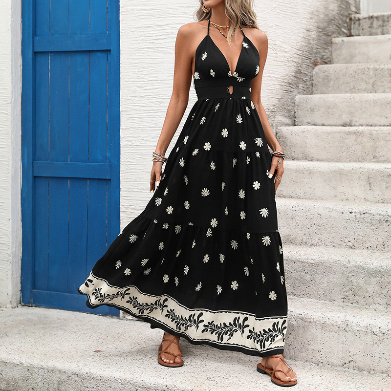 Vestido Casual estilo férias saia longa bainha grande estampa Halterneck