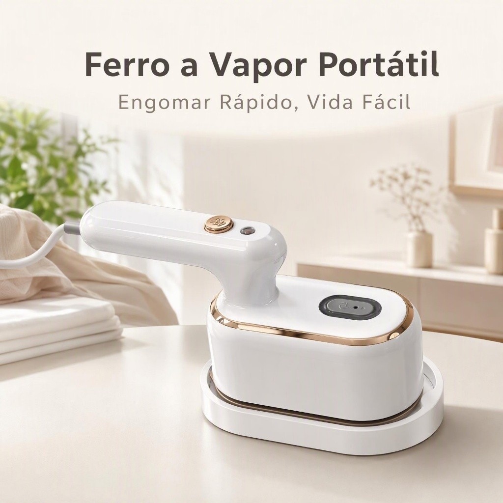 Ferro de Passar Roupa Portátil de Mão, Branco com Borda Ouro Rosa, Punho Dobrável Rotativo para Viagem e Uso Doméstico