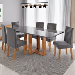 Conjunto Sala de Jantar 6 Lugares Retangular Tampo Vidro e MDF Victoria Cinza/Mel