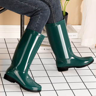 Botas de chuva femininas verdes escuras de cano alto, resistentes ao desgaste, sola diária, sapatos de borracha impermeá