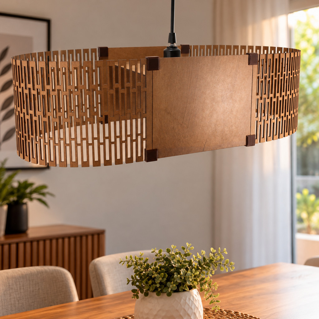 Luminária de Teto Pendente Lustre Luxo Sala Madeira MDF