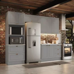 Cozinha Compacta Modulada 4 Peças 100% MDF com Torre Quente e Balcão sem Tampo Cinza/Calcare Emily Cinza/Calcare