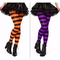 Meia Halloween Feminina Adulta Listrada Laranja ou Roxa com Preto Fantasia Bruxa Feiticeira Gotica