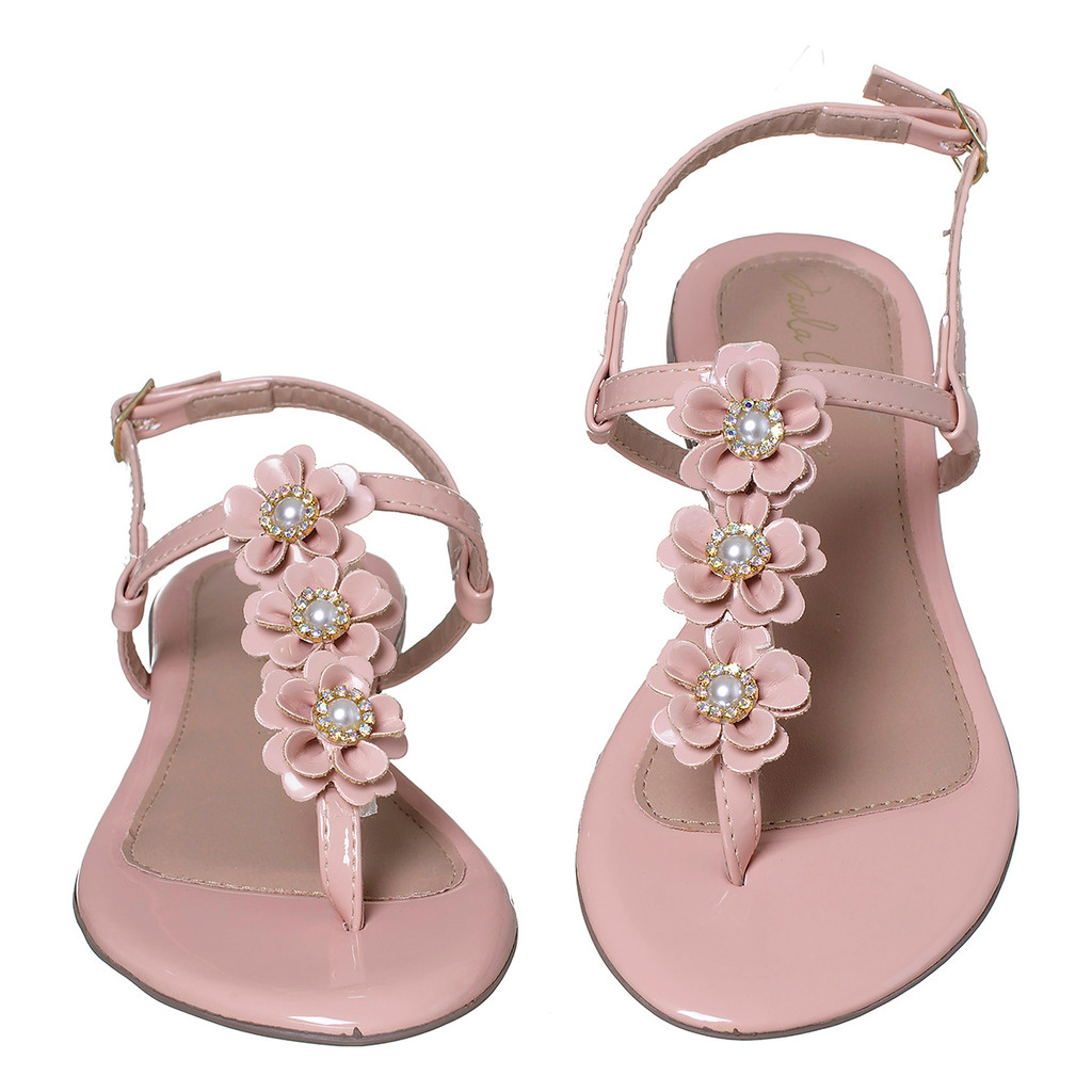 Sandália Feminina Rasteira 3 Flores Perola Strass
