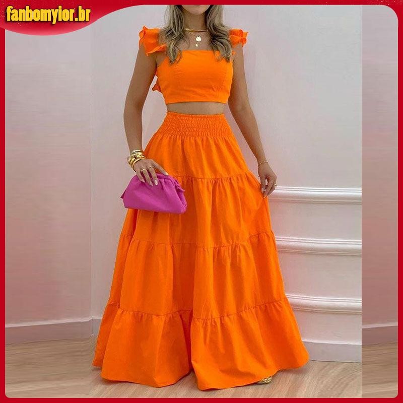 Conjunto feminino  Sem Mangas Ruffled Cropped Boho Floral Estampa Color lisa Elastic Cintura Saia Longa Moda Duas Peças