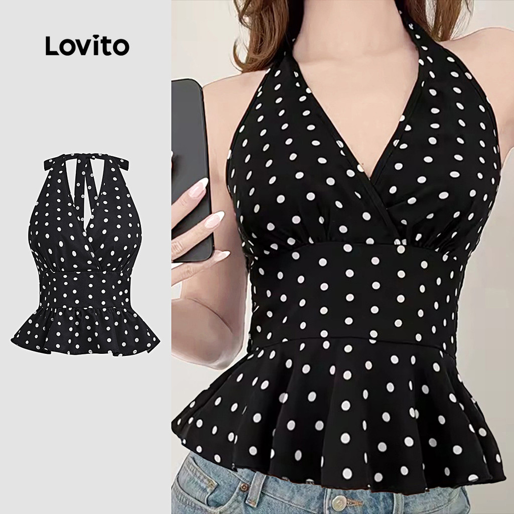 (NEW) Lovito Blusa Elegante com Amarração No Pescoço Sem Mangas Primavera/verão Preta e branca L154ED1133 em Oferta na Shopee