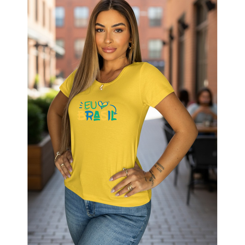 Blusa Feminina Gola Careca Manga Curta Tshirt Basica Blusinha Copa do mundo Eu amo o Brasil