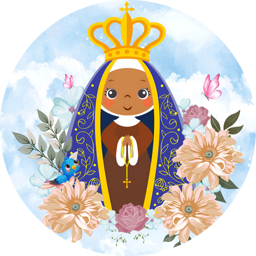 Capa Painel Nossa Senhora Aparecida Azul Céu Delicado Padroeira  Redondo 150x150 Decoração Azul e Dourado