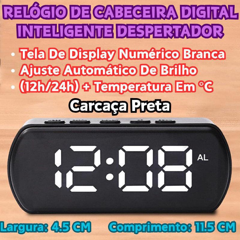Relógio De Cabeceira Digital Tela LED ​11.5x4.5cm Inteligente Despertador Número Branco​ Porta USB
