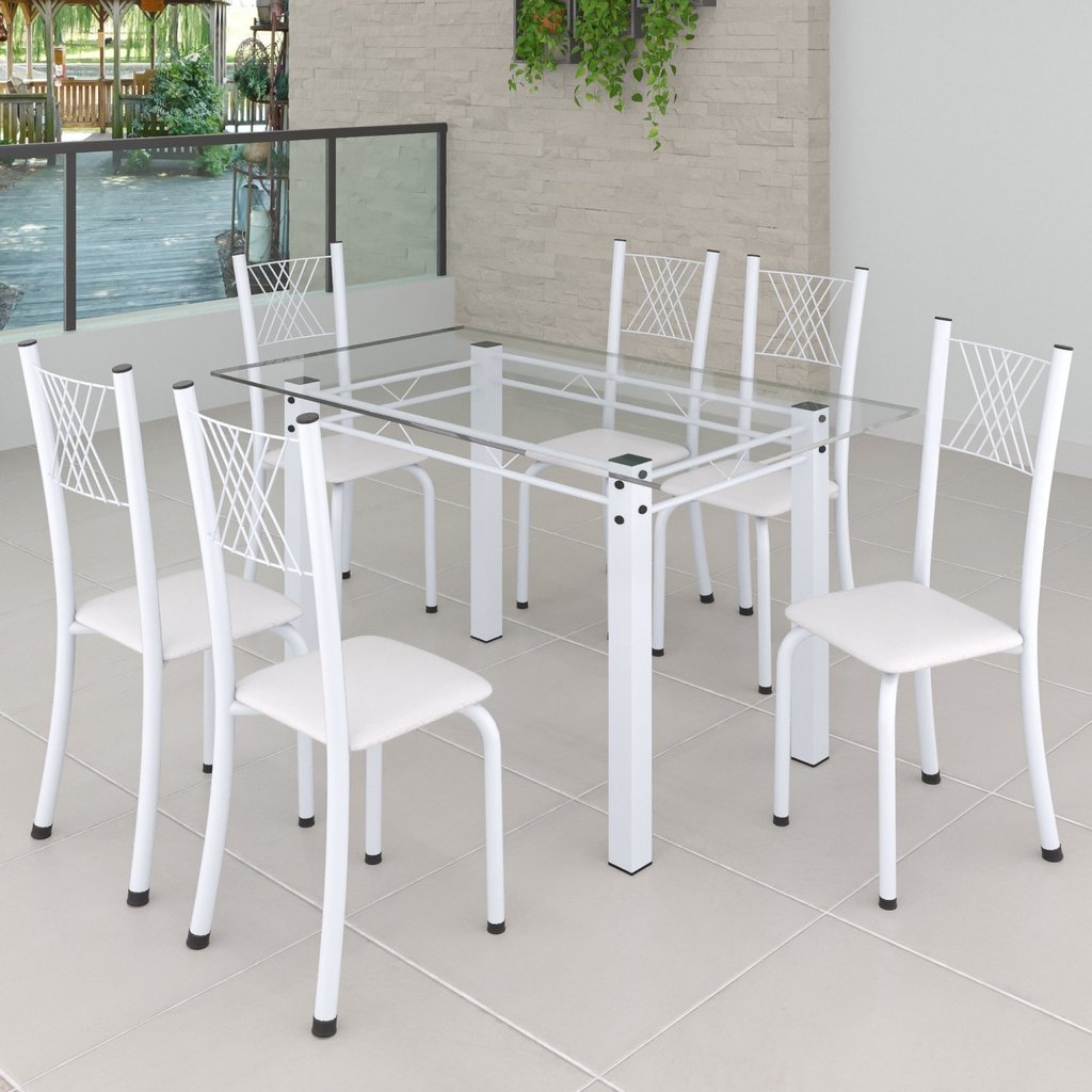 Conjunto de Jantar Mesa 140x75cm Tampo de Vidro Incolor com 6 Cadeiras Sara Yescasa Branco/Branco em Oferta na Shopee