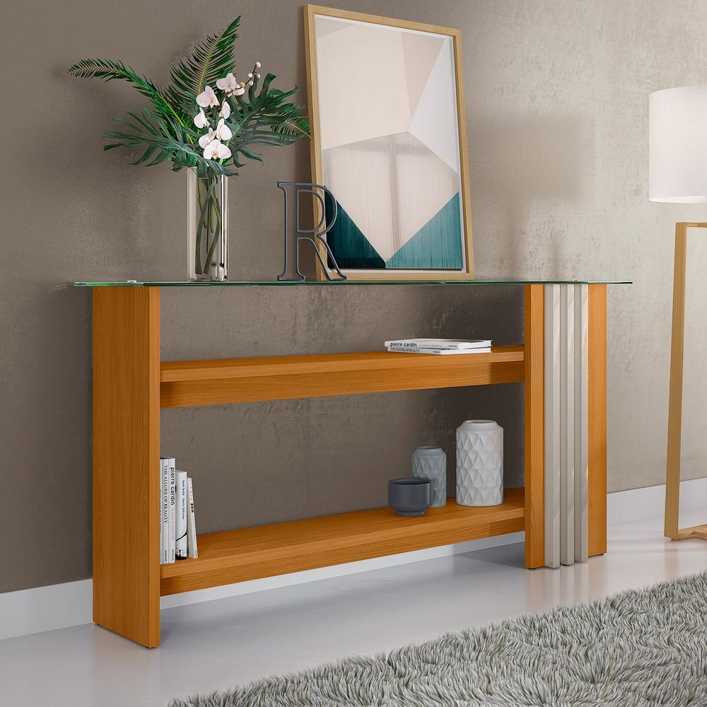 Aparador para Sala de Estar Frisado Tampo de Vidro 2 Prateleiras Frizz Cinamomo em Oferta na Shopee