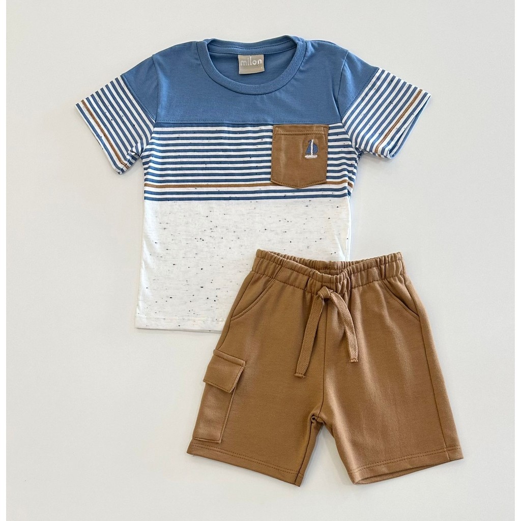 Conjunto Infantil Menino Milon Camiseta Azul Listrada com Bolso e Bermuda Marrom Estilo Casual
