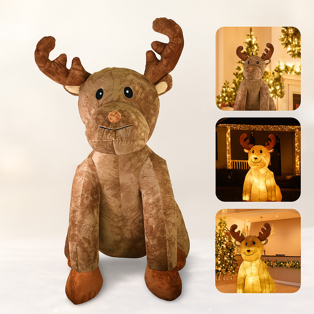 Enfeite Rena Natalina Inflável Com Luz Led Pelúcia 2,44m Bivolt Decoração De Natal Gigante Casa