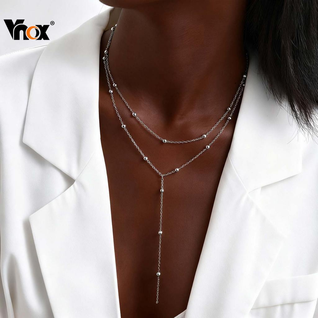 Vnox Prata Frisado Borla Dupla Camada Empilhada Em Forma De Y Colar Ajustável Não Manchar Longo Feminino Simples Moda An em Oferta na Shopee