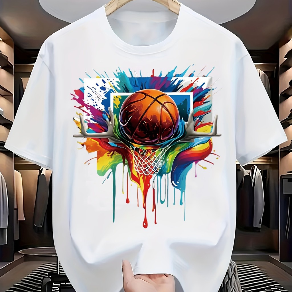 T-shirt gráfica de basquetebol masculino - Camiseta Casual Gola redonda 100% Algodão Premium