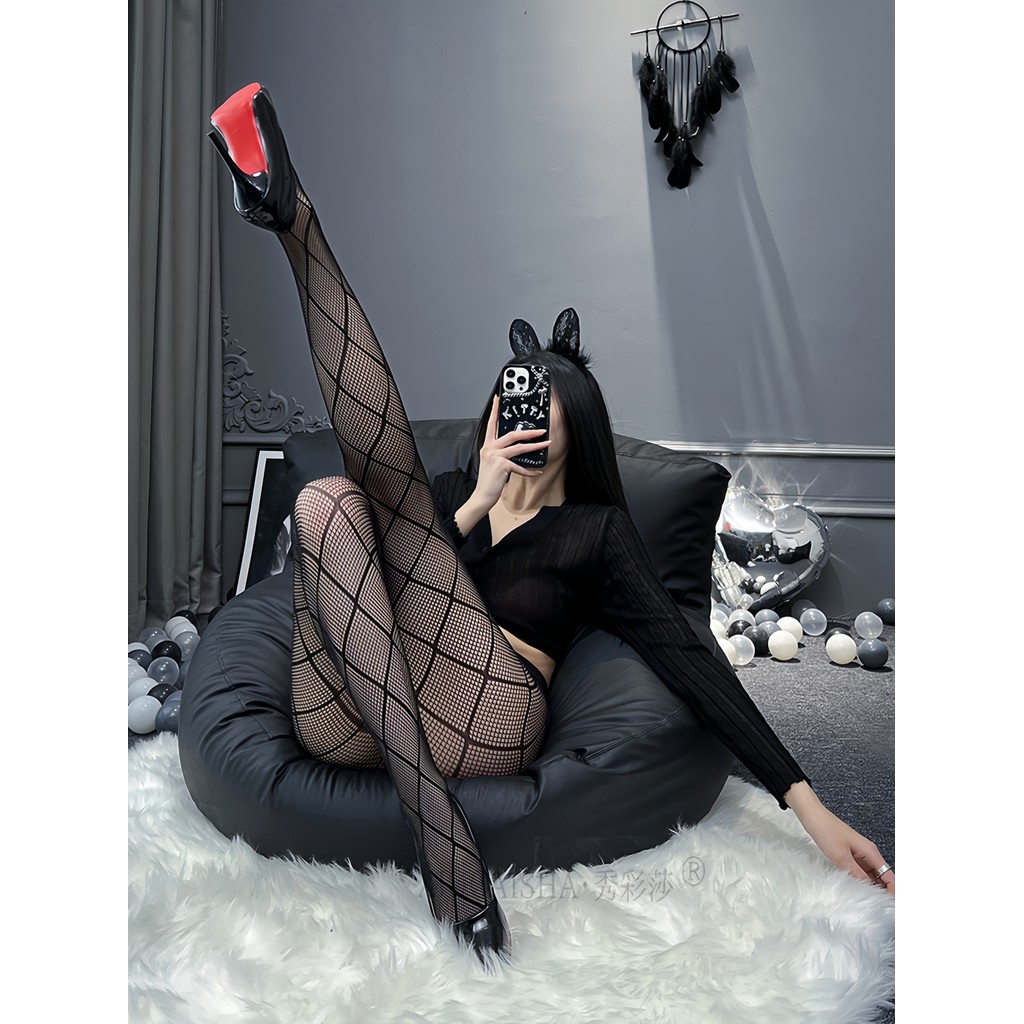 Meia Calça preto Moda Malha Cruzada Sensual Cintura Alta Respirável Confortáve Ultrafina Colado