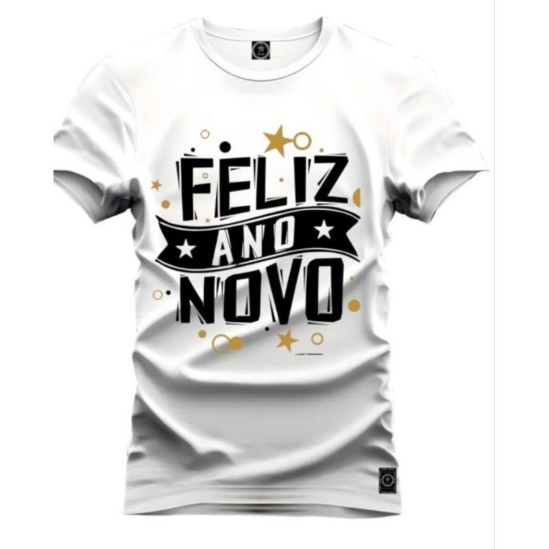 Camiseta Camisa Estampada  camiseta branca feliz ano novo plus size estampada 100% Algodão - Envio Rapido Premium